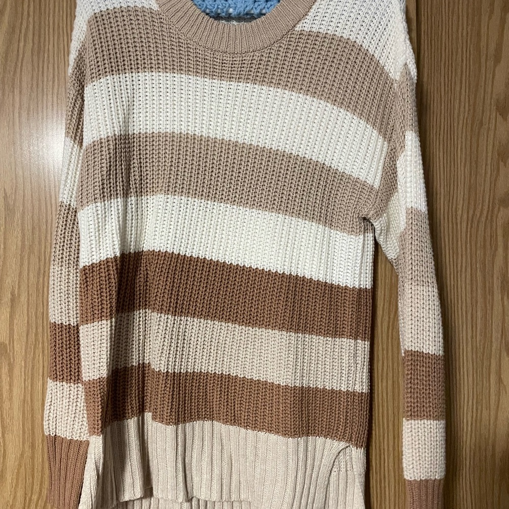 Time and Tru Cream and Brown Crew Neck Sweater